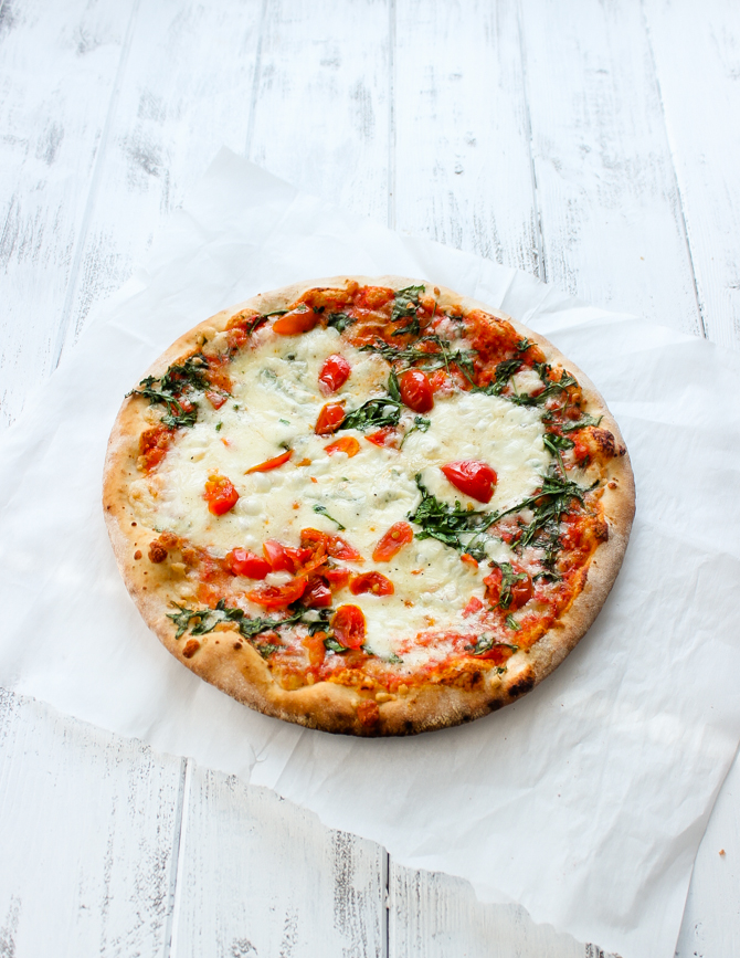 Mediterranean Arugula & Cherry Tomato pizza