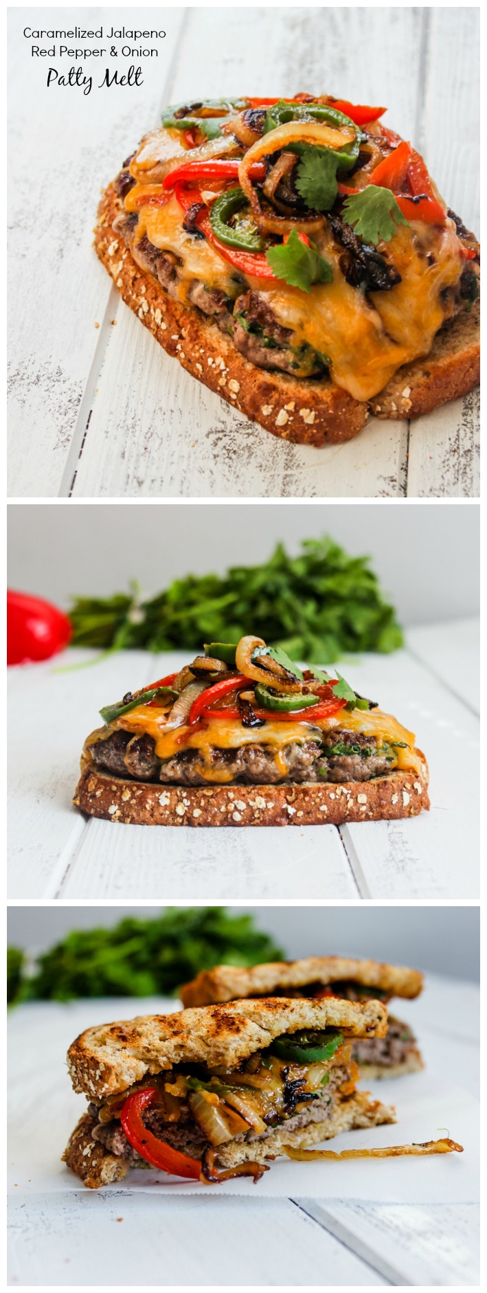 Patty Melt with Caramelized Red Pepper, Jalapeno and Onion