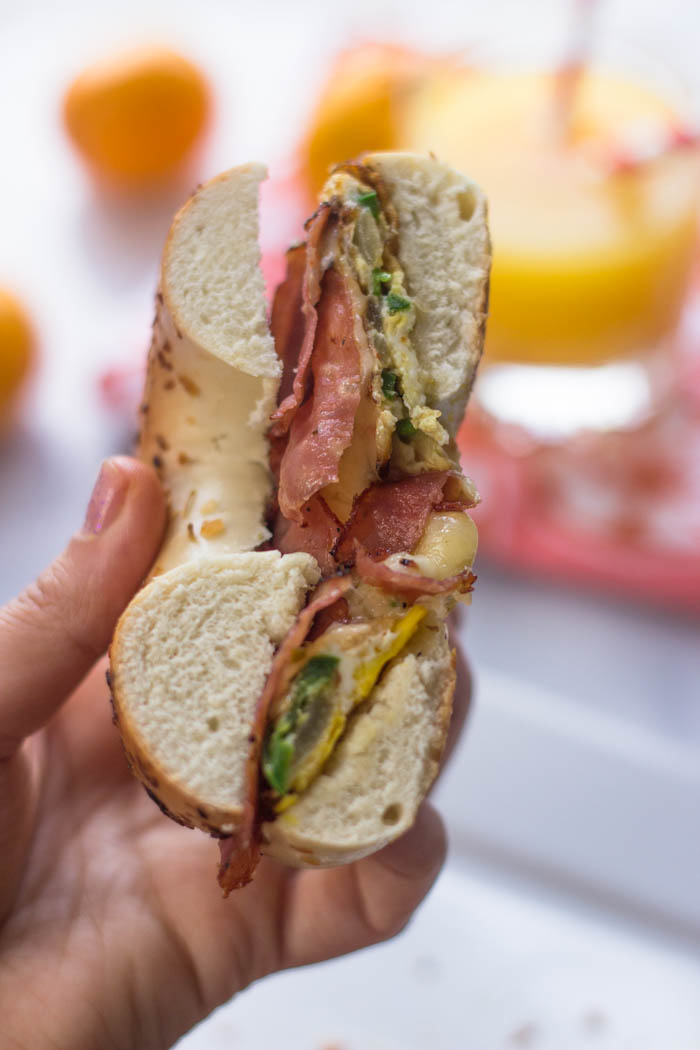 Easy Pastrami, Egg & Cheese on A Bagel with Sautéed Onions & Jalapeño