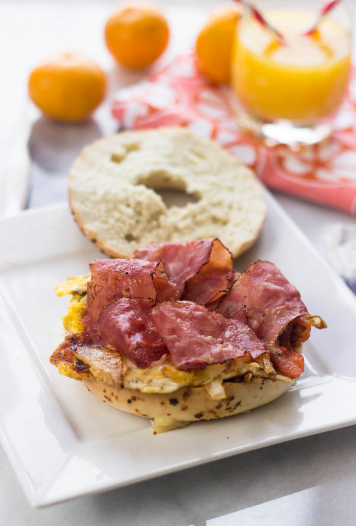 Easy Pastrami, Egg & Cheese on A Bagel with Sautéed Onions & Jalapeño