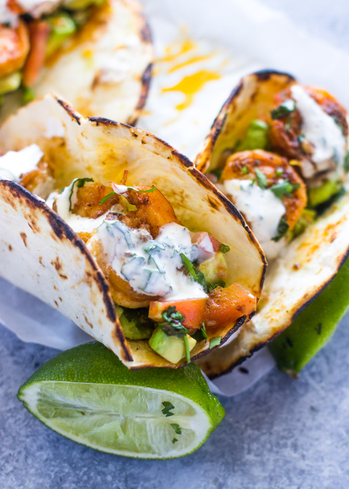 Spicy Shrimp Tacos with Avocado Salsa & Sour Cream Cilantro Sauce