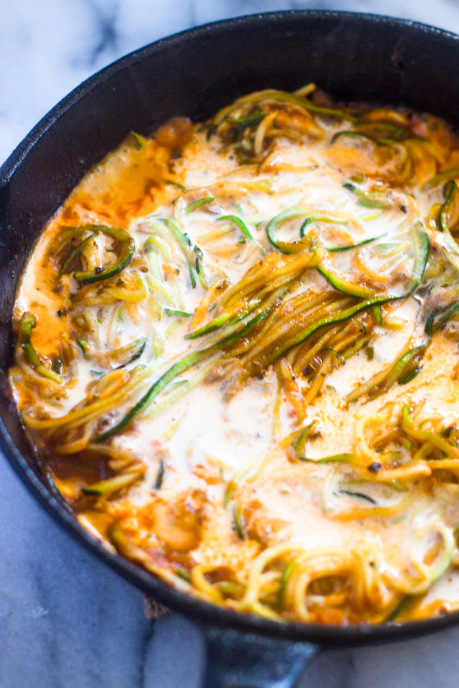 Quick Zucchini pasta with tomato cream sauce