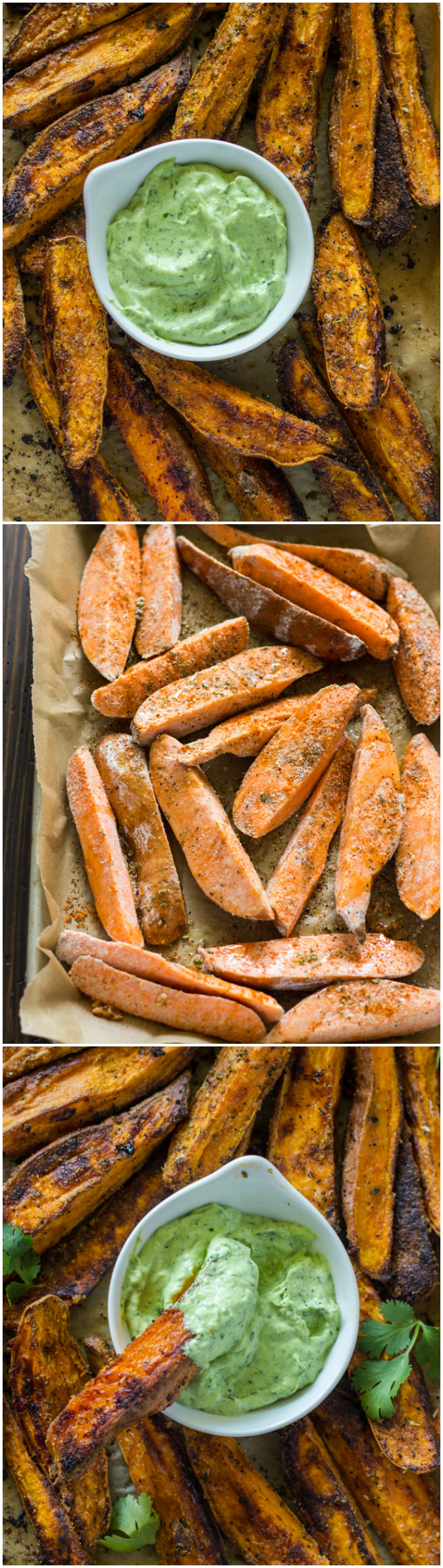 Crispy Baked Sweet Potato Wedges with Avocado Cilantro Dip