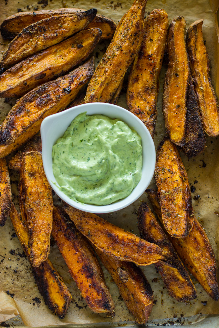 Crispy Baked Sweet Potato Wedges with Avocado Cilantro Dip