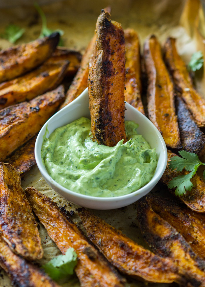 Crispy Baked Sweet Potato Wedges with Avocado Cilantro Dip