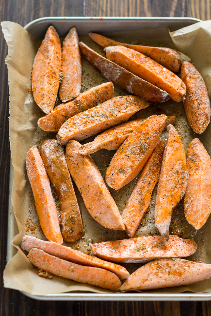 Crispy Baked Sweet Potato Wedges with Avocado Cilantro Dip