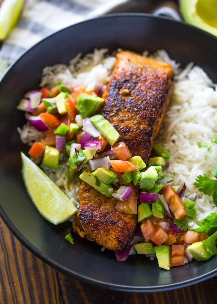 Crispy Salmon & Avocado Salsa Rice Bowls with Cilantro Sauce