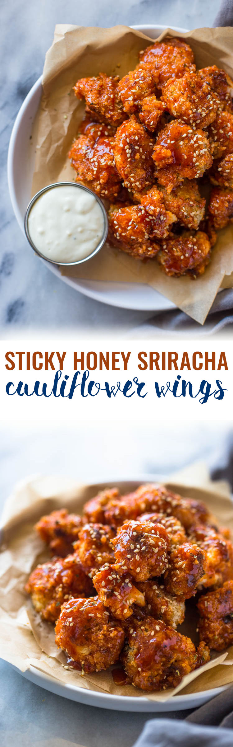 Sticky Honey Sriracha Cauliflower "wings" (Baked or Fried)