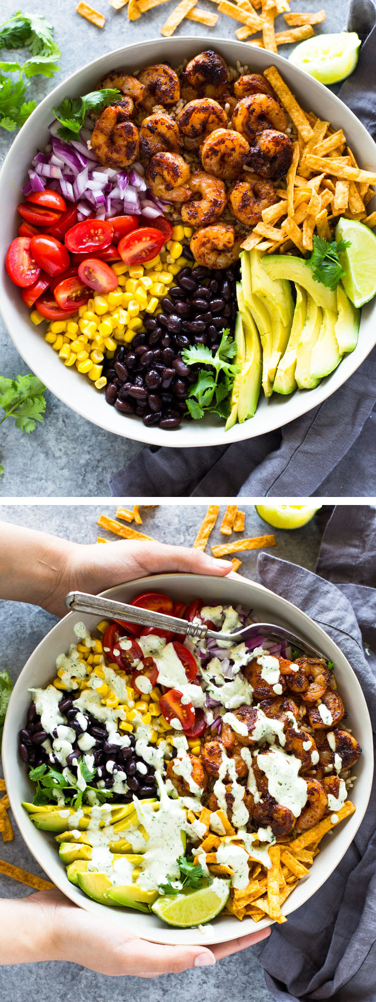 Shrimp Taco Bowls with Low-Fat Creamy Cilantro Sauce