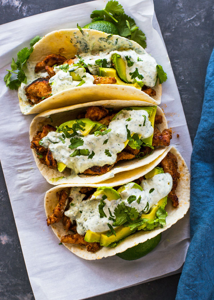 Chicken and Avocado Tacos with Creamy Cilantro Sauce