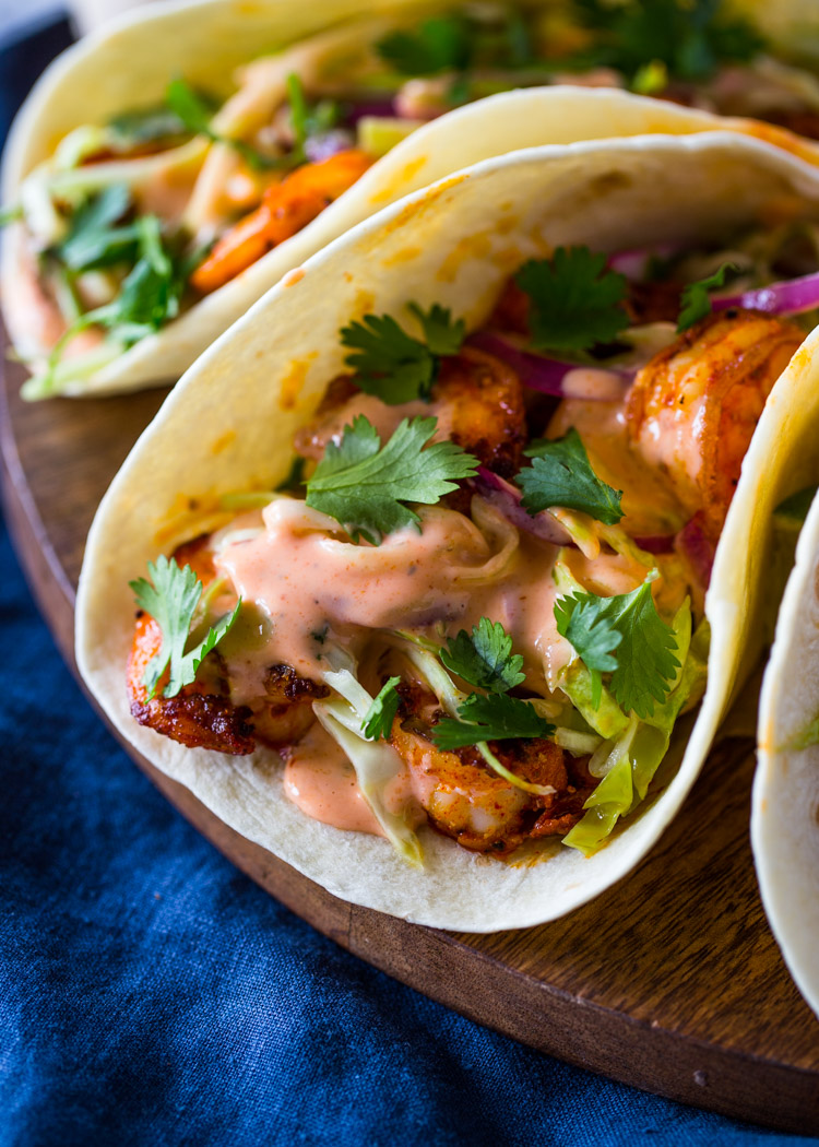 Spicy Shrimp Tacos with Creamy Sriracha Sauce & Cilantro Lime Slaw