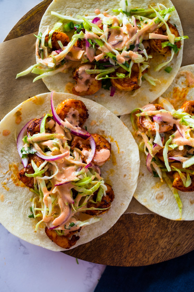 Spicy Shrimp Tacos with Creamy Sriracha Sauce & Cilantro Lime Slaw