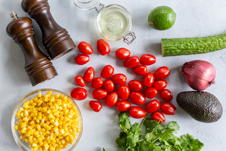 Ingredients for the corn tomato avocado salad