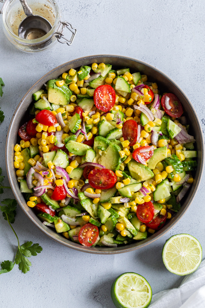 Corn Tomato Avocado salad in a plate