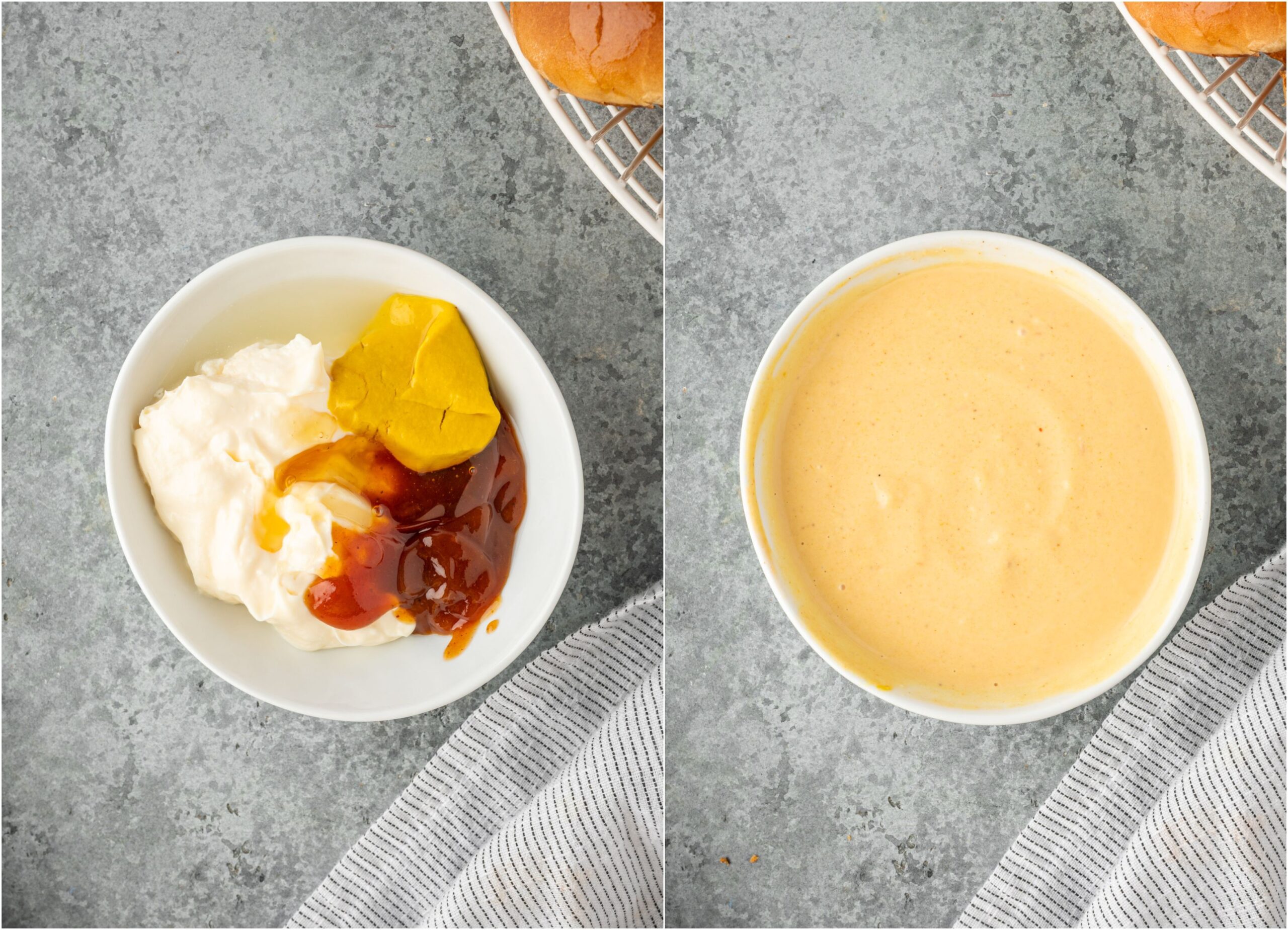 Making Chick Fil A sauce in a white bowl.