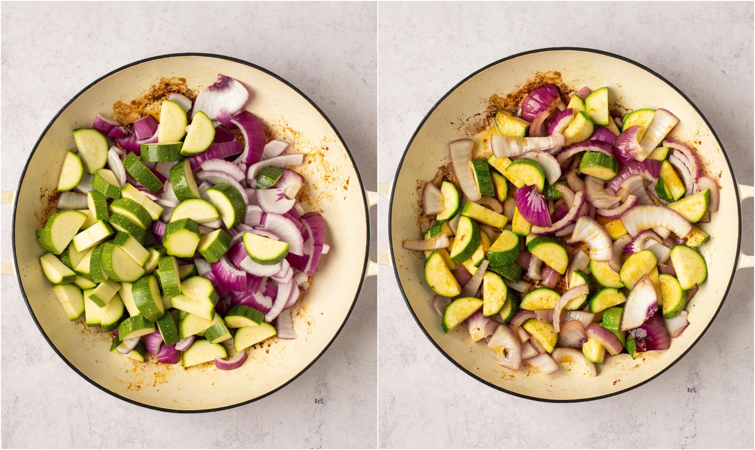 Sautéing onion and zucchini in a pan.