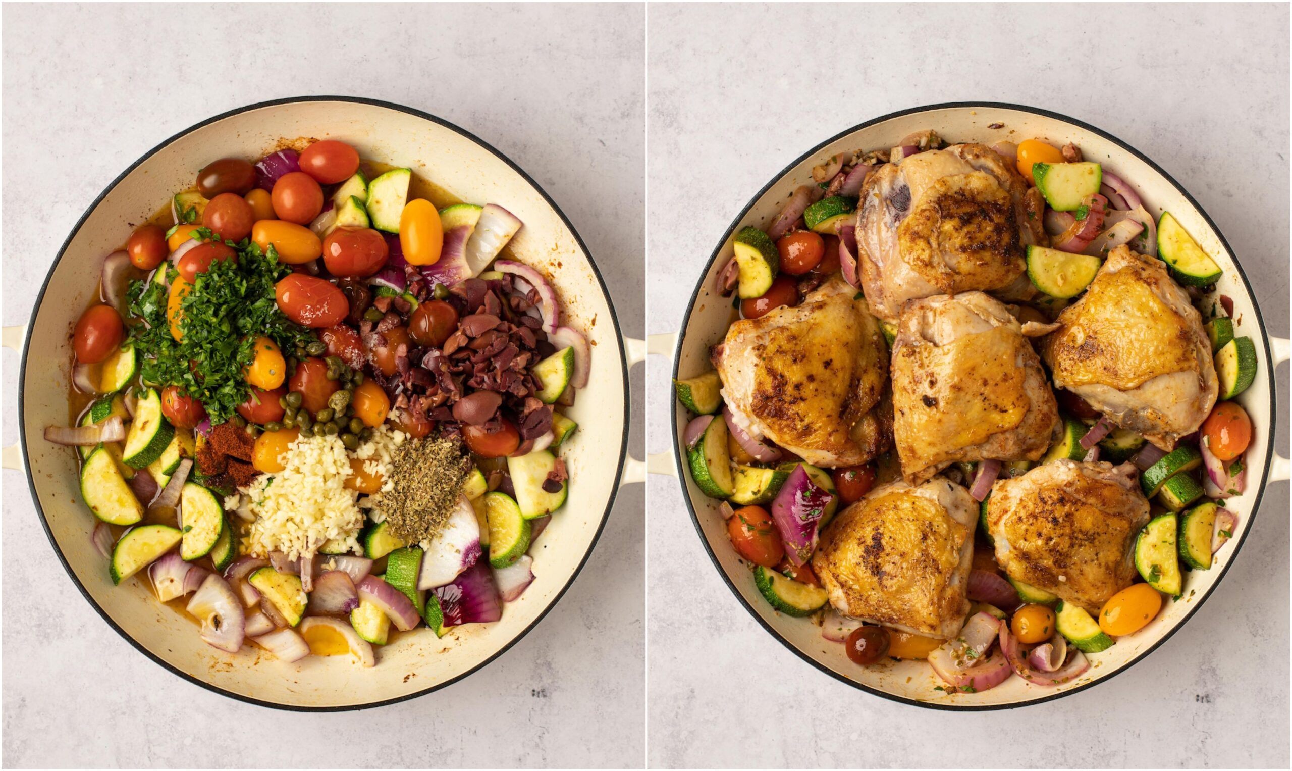 Chicken thighs cooking with veggies in a skillet.