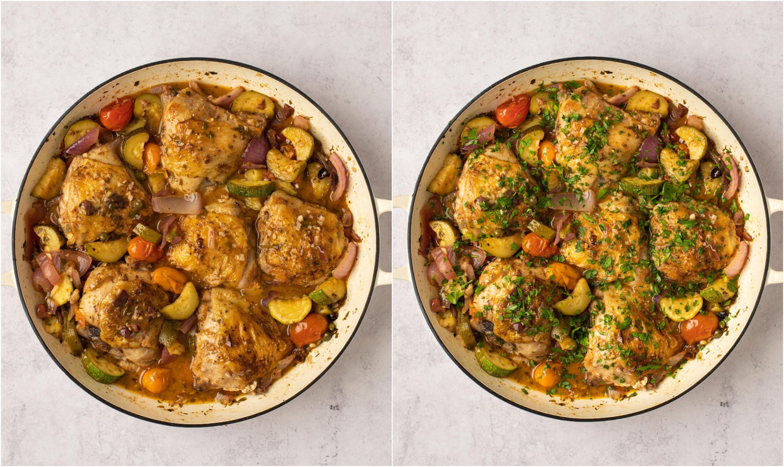 Chicken thighs cooking in a sauce with veggies.