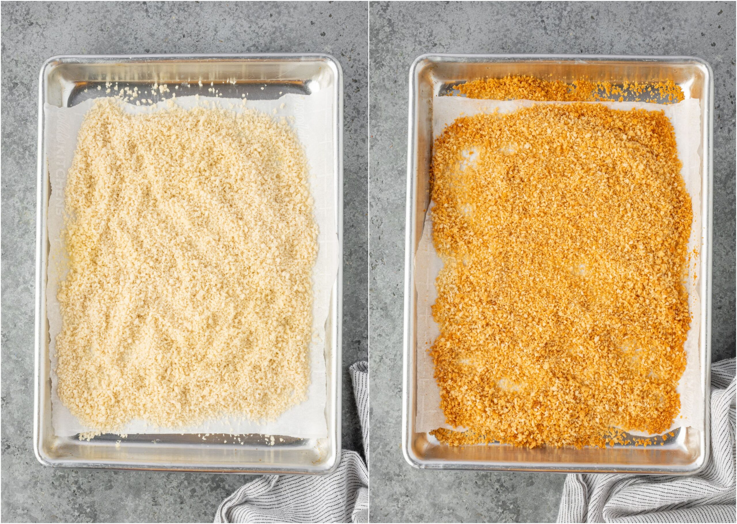 Roasting panko breadcrumbs on a pan.