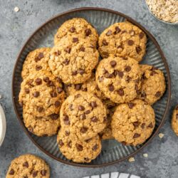 Plate filled with chocolate chip protein cookies.