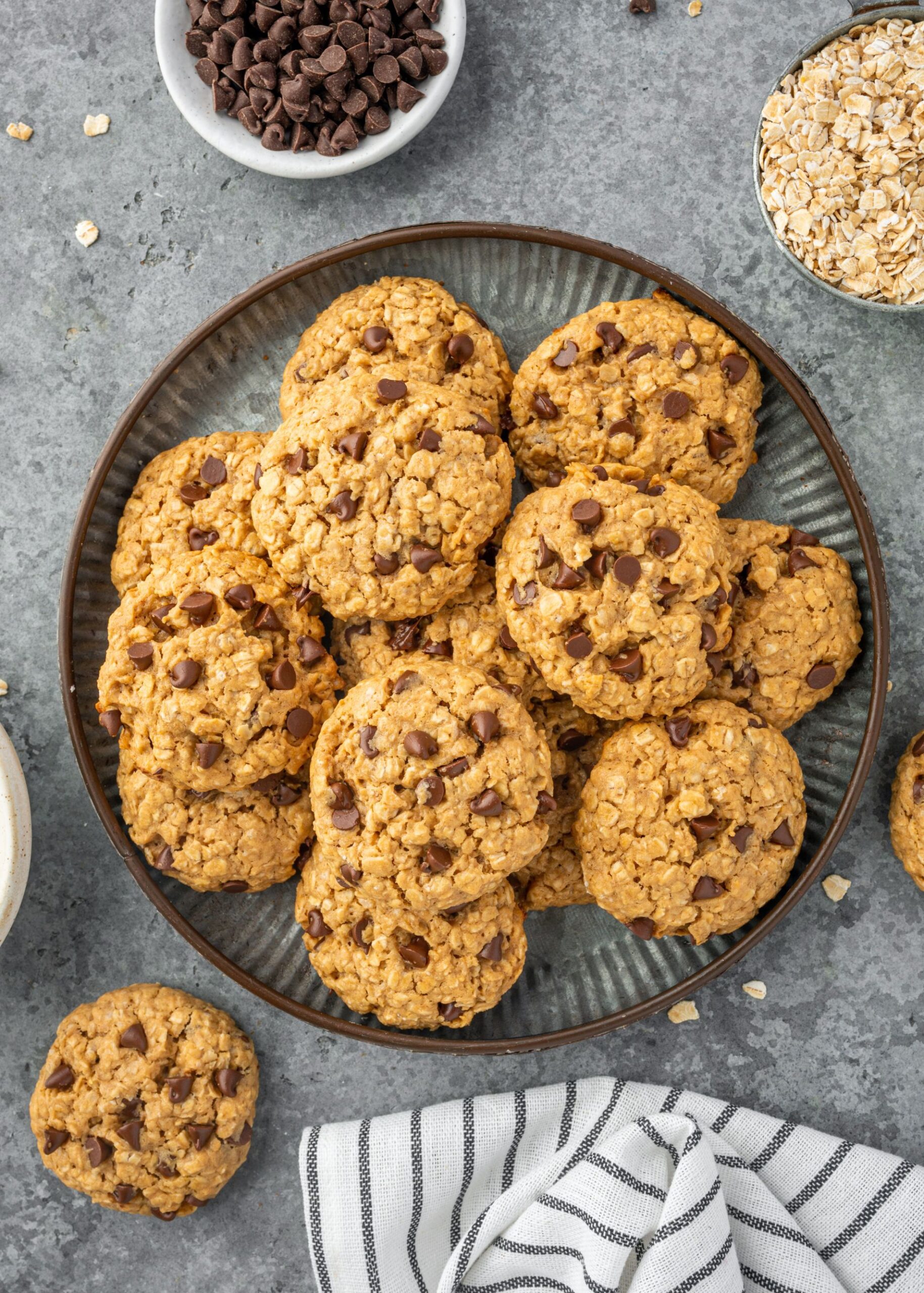 Plate filled with chocolate chip protein cookies.