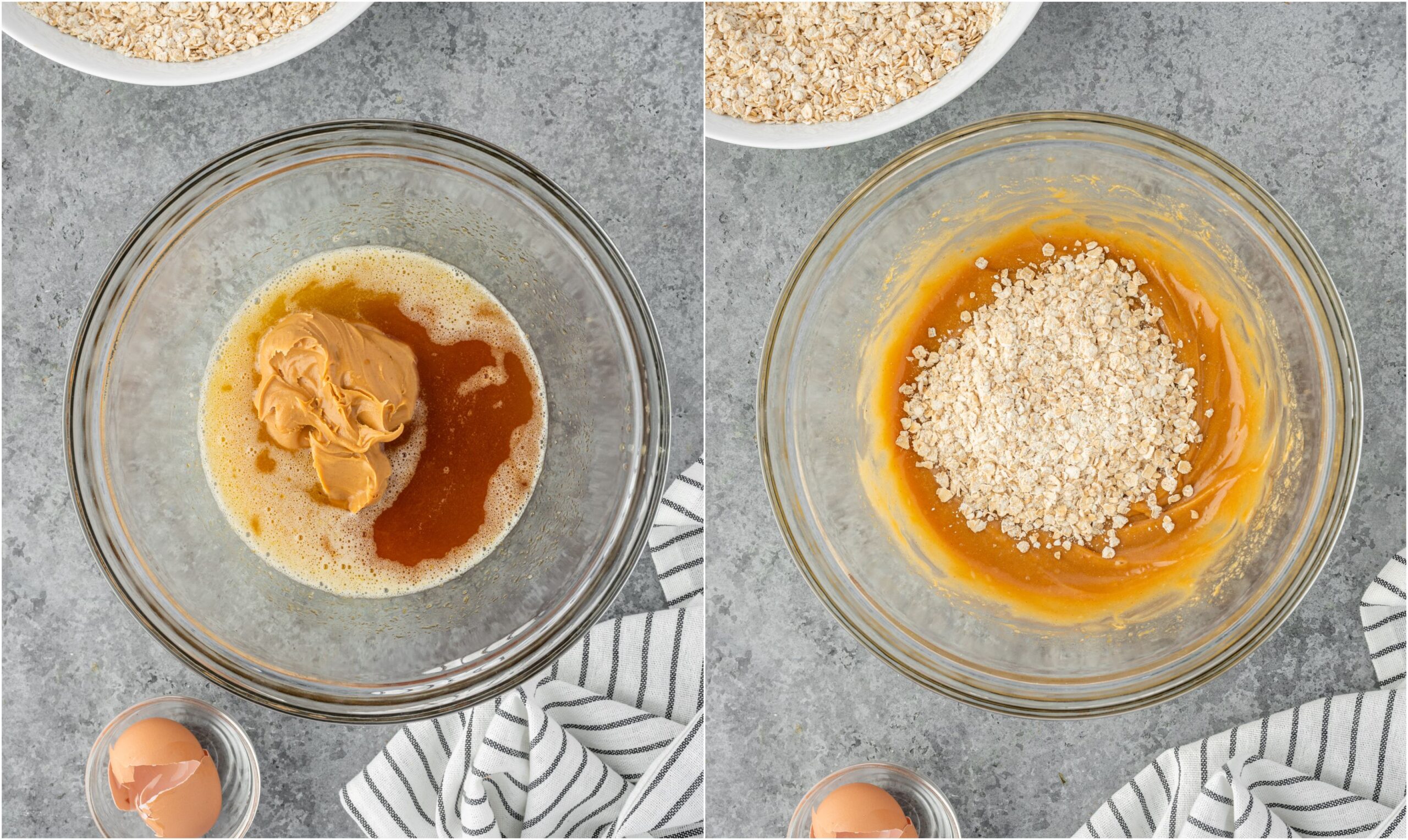 Adding peanut butter and vanilla to wet ingredients and then mixing dry ingredients with wet.