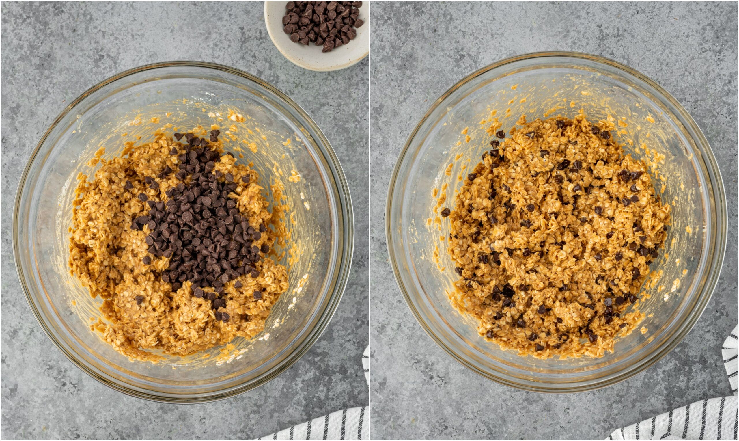 Adding chocolate chips to cookie dough.