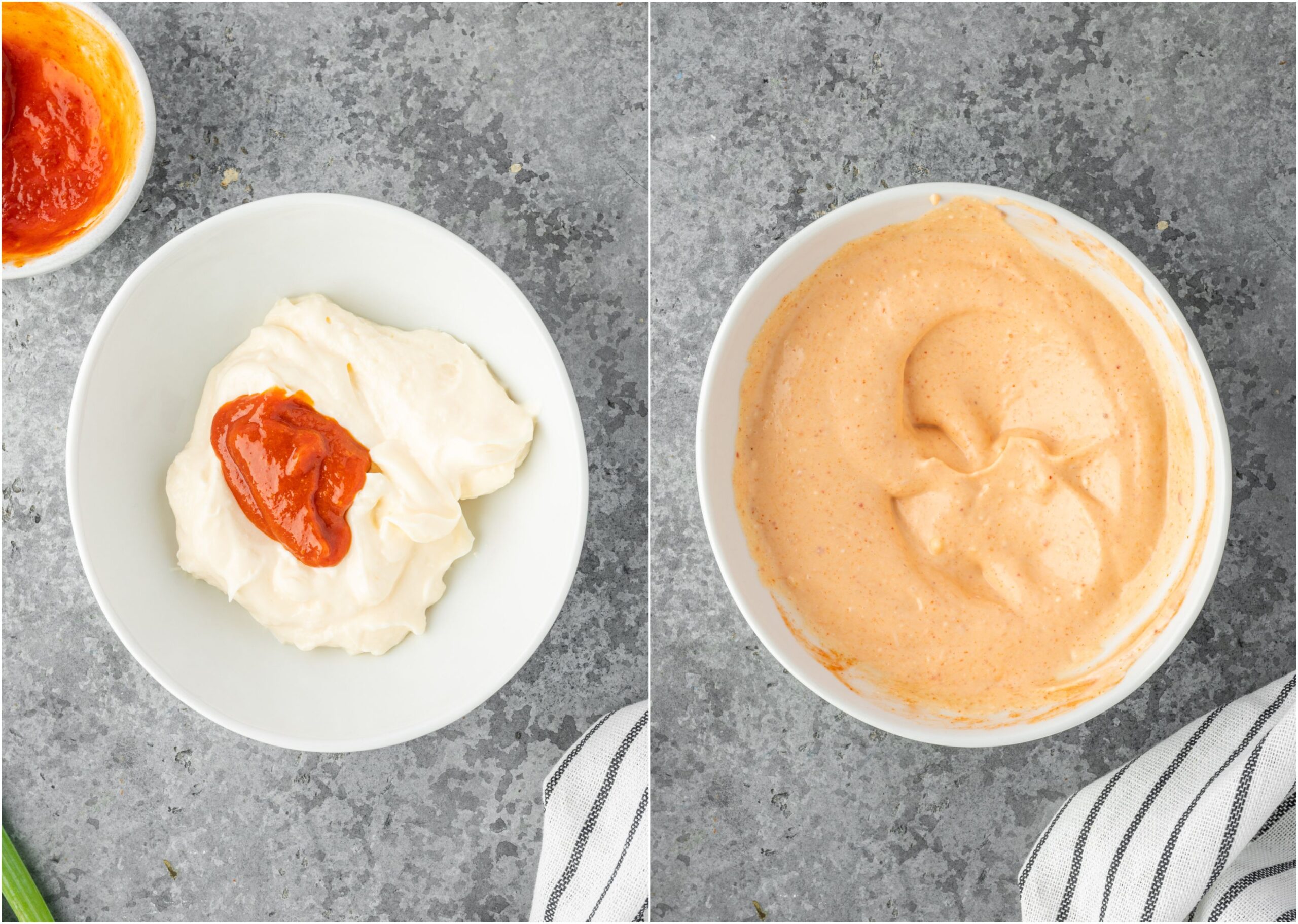 Mixing sriracha and mayo in a white bowl.