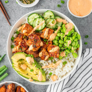 Salmon Maki Bowl served with edamame, cucumber, avocado and rice.