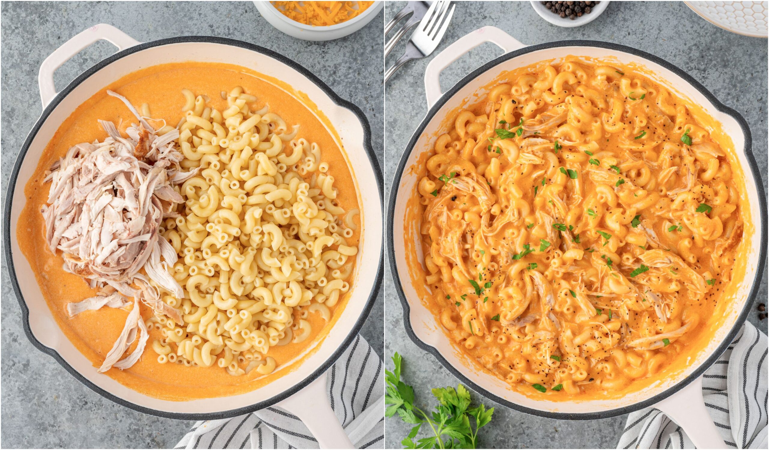 Adding pasta and chicken into buffalo cheese sauce.