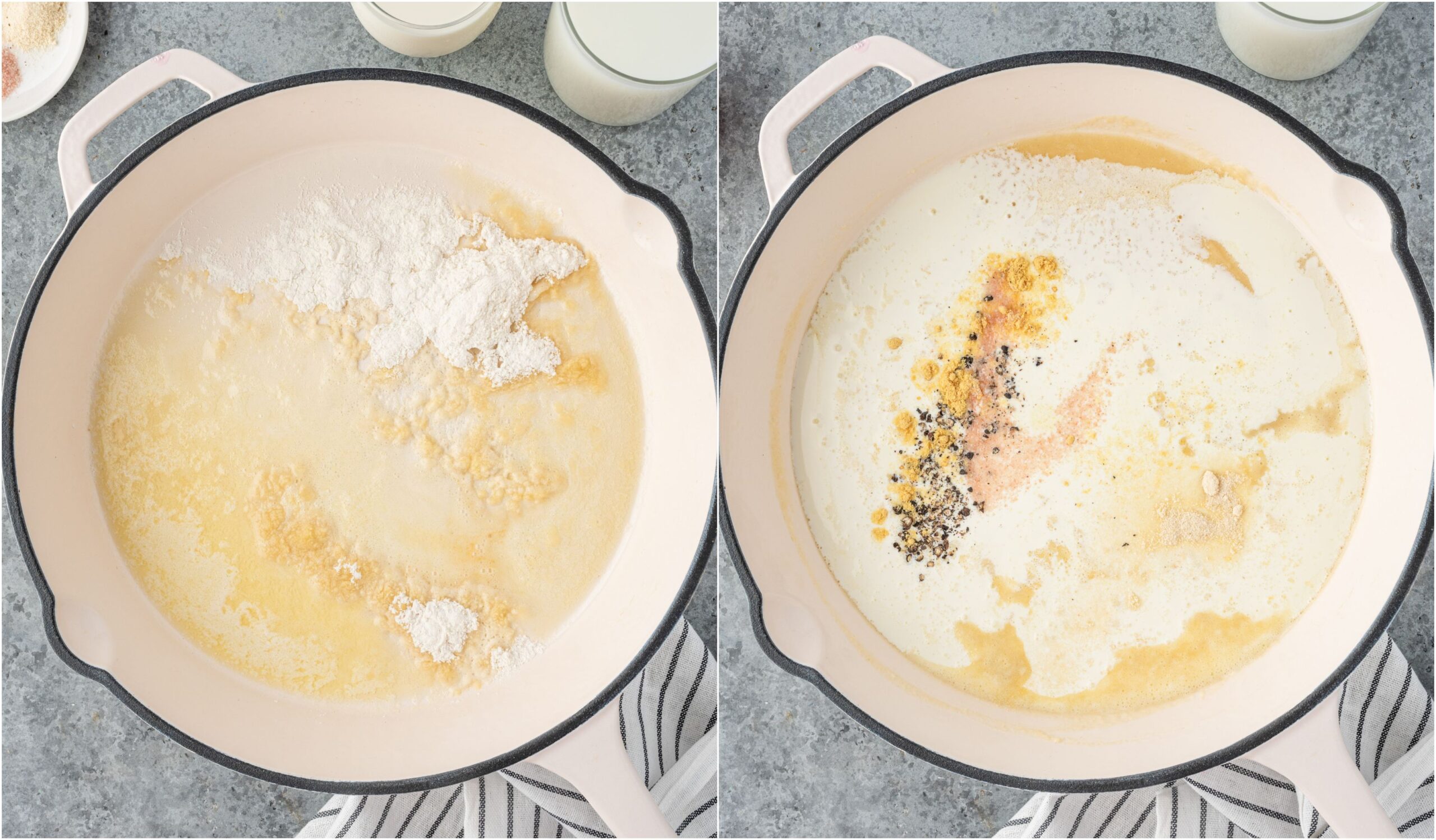 Simmering milk and cream with flour and spices.