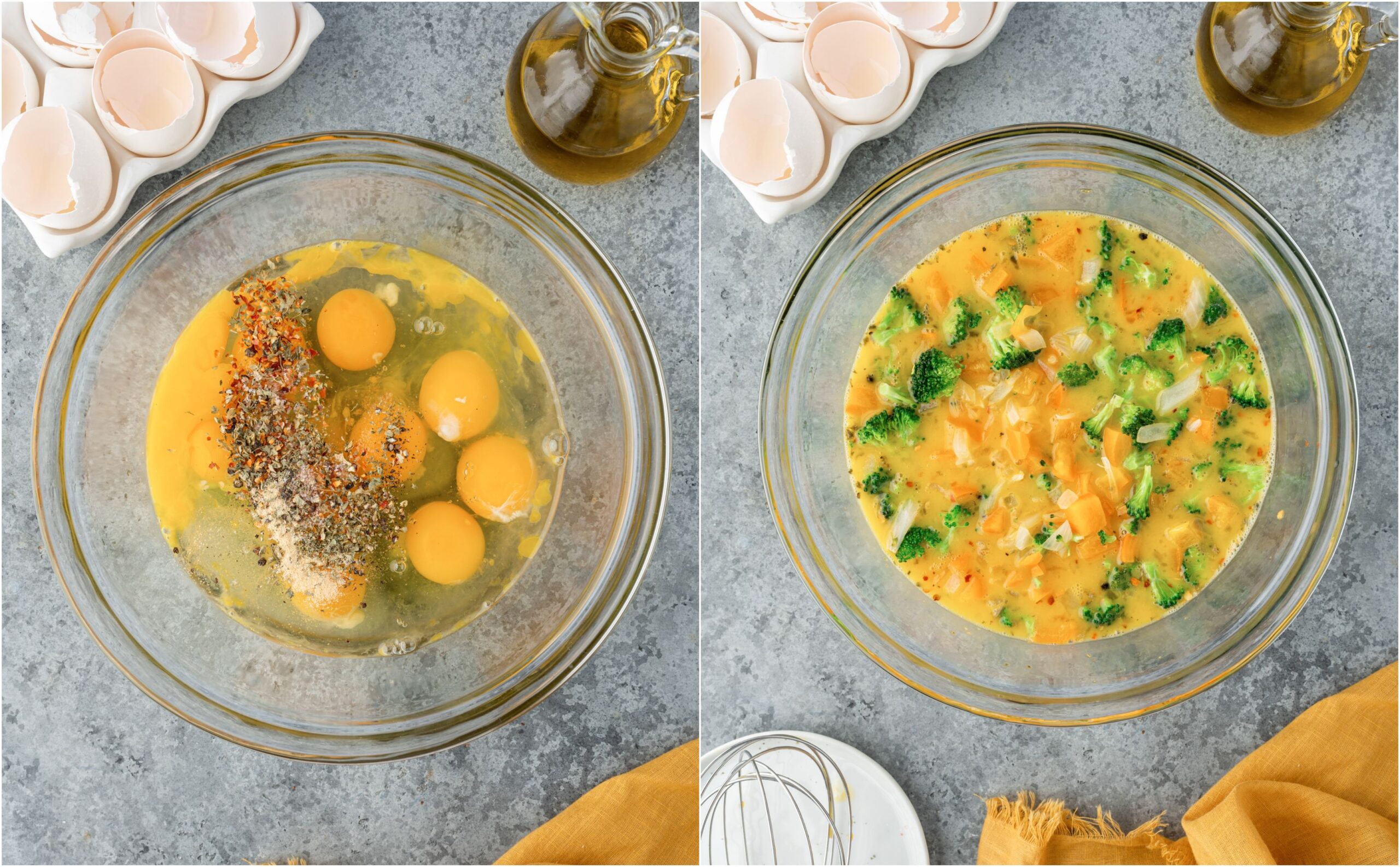 Mixing veggies with eggs in a large bowl.