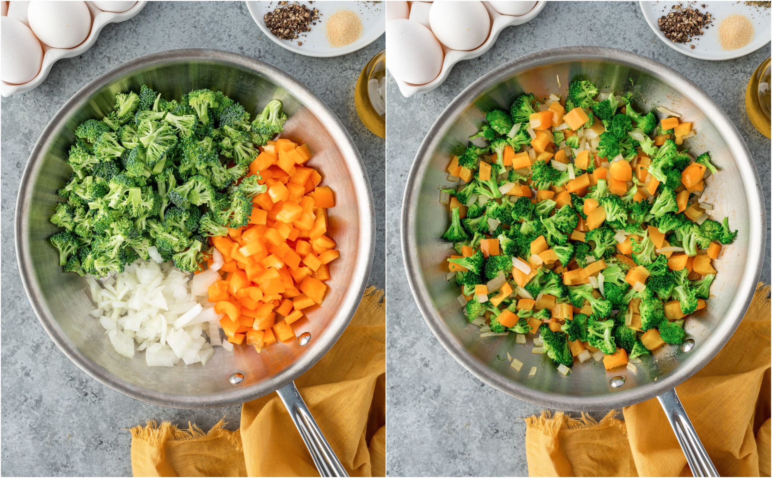 Sautéing bell pepper, broccoli and onions in a skillet.