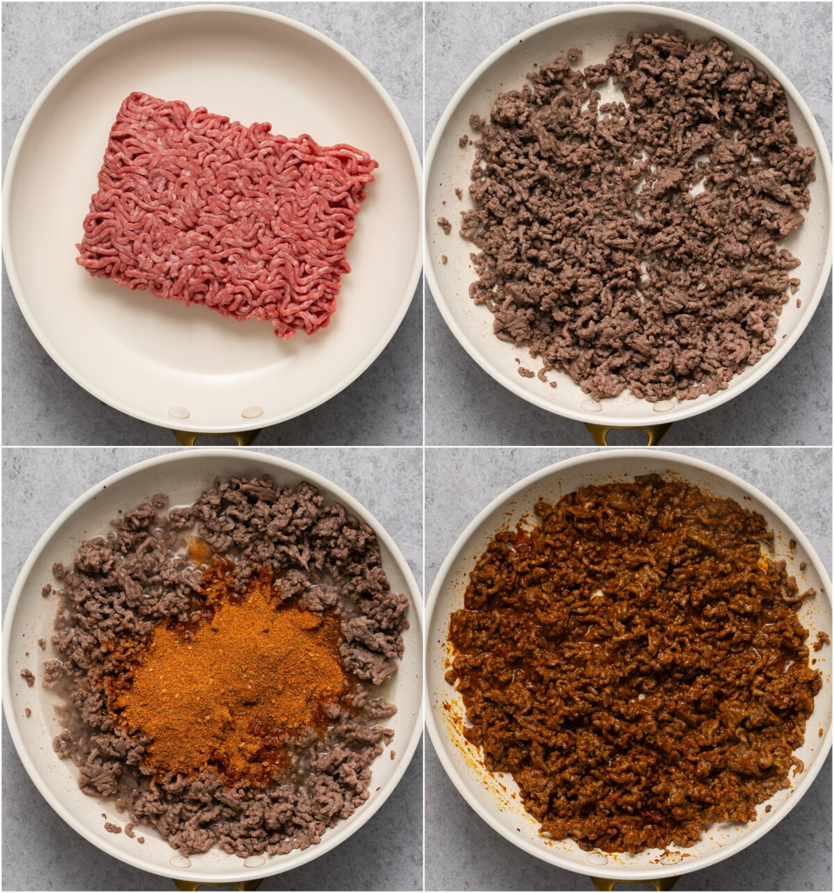 Process photos of ground beef cooking in a skillet and seasoned with taco seasoning.
