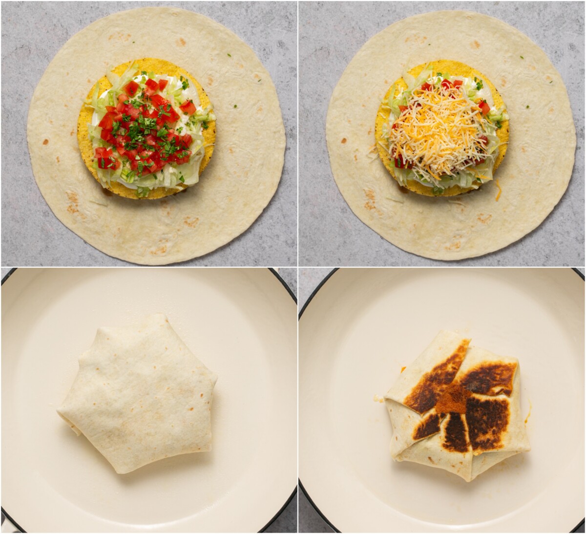 Process photos of tomatoes, cilantro and cheese being s added to the middle of the beef crunchwrap supreme before it is folded and cooked.