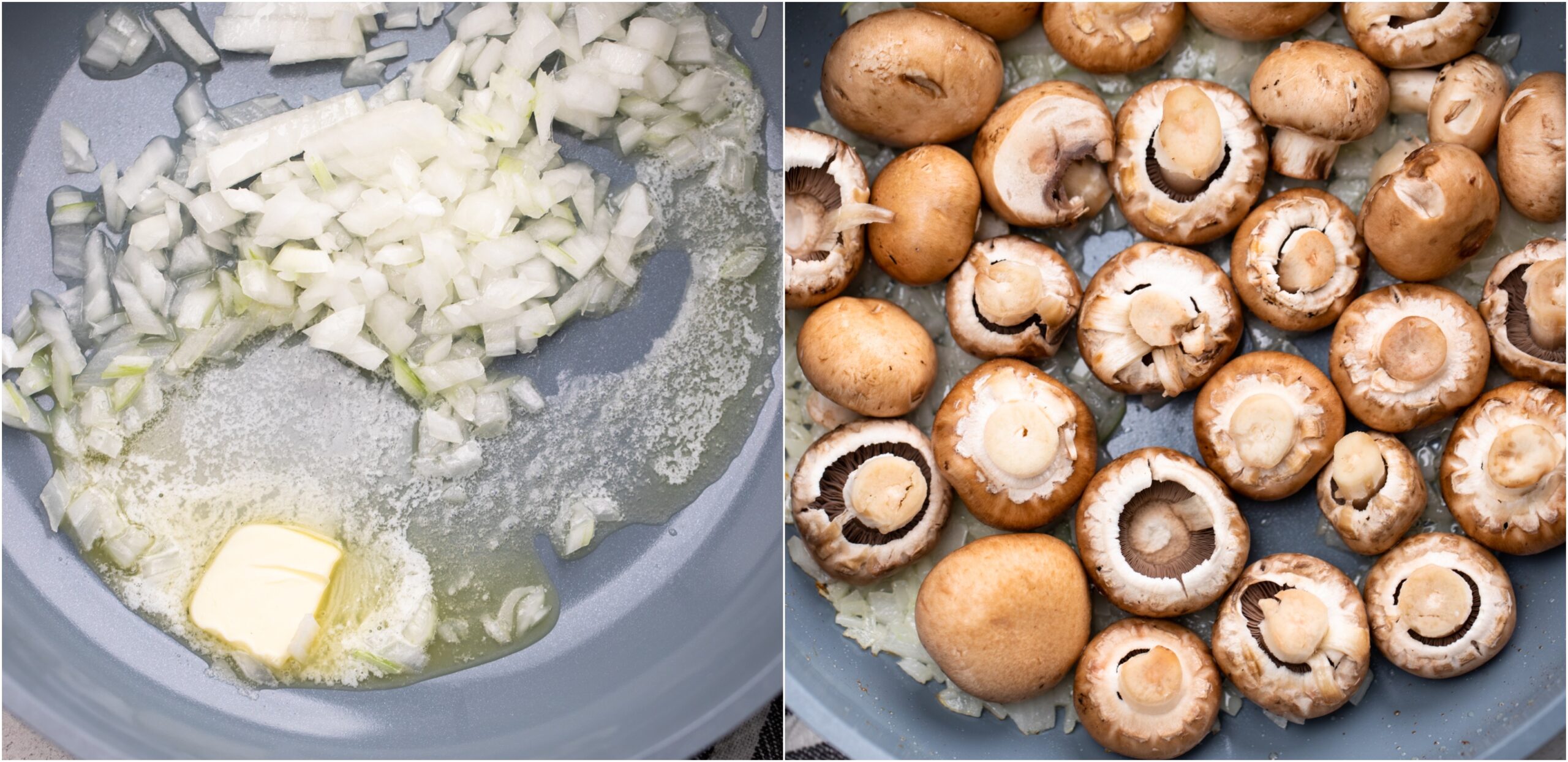 Onions and mushrooms sautéing in a pan.