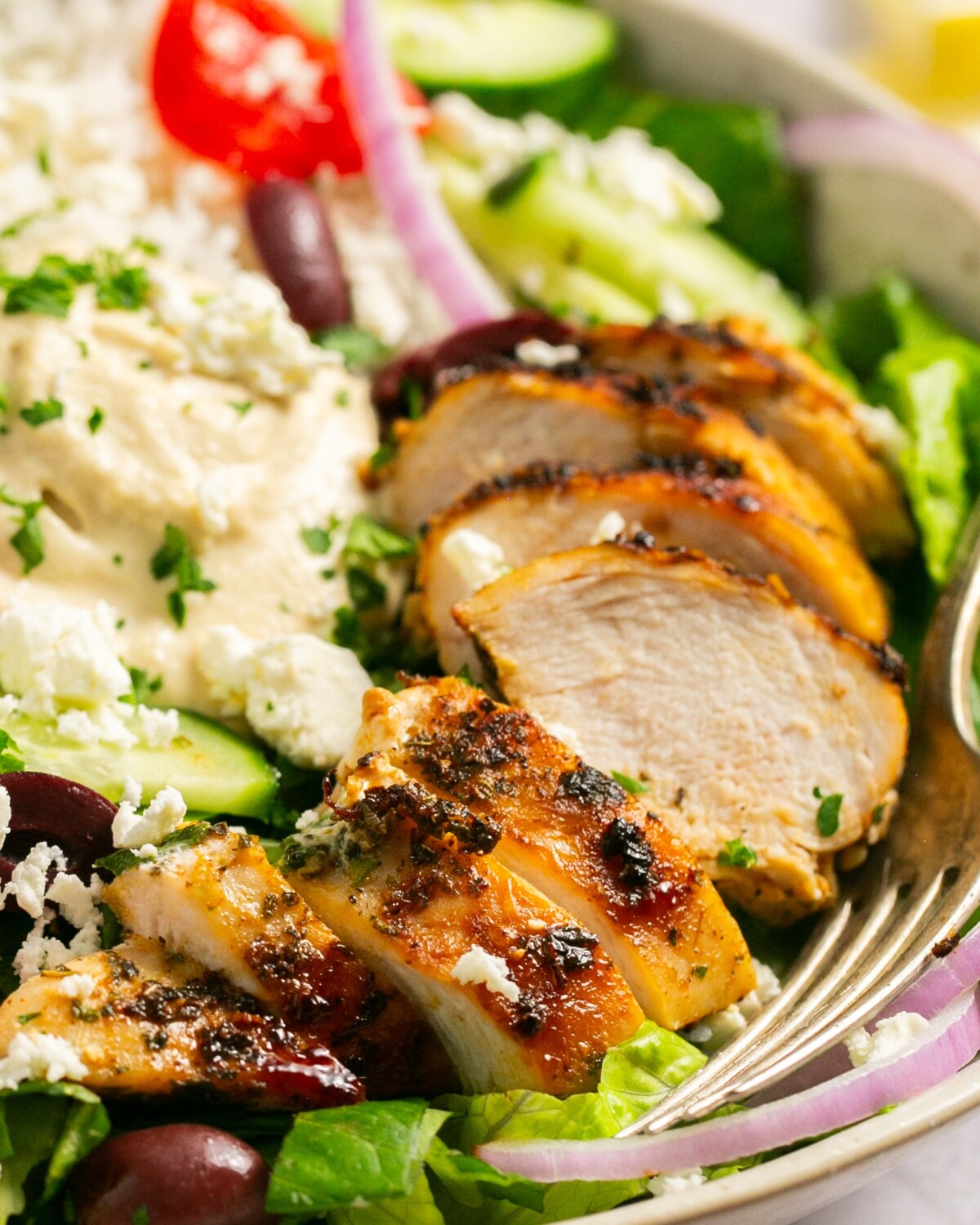 Close up of chicken in a Mediterranean Chicken Bowl