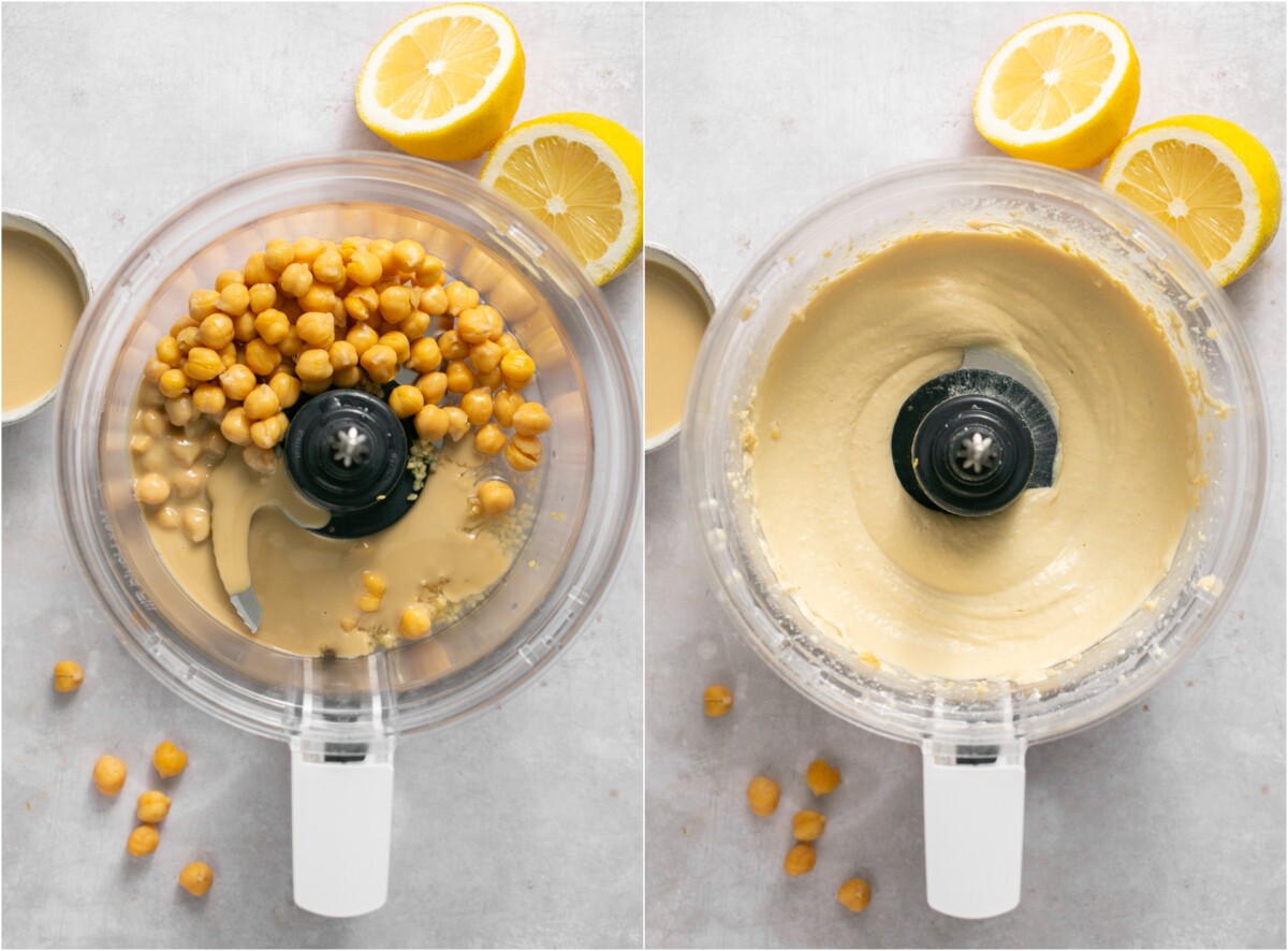 hummus ingredients in a food processor and blender hummus