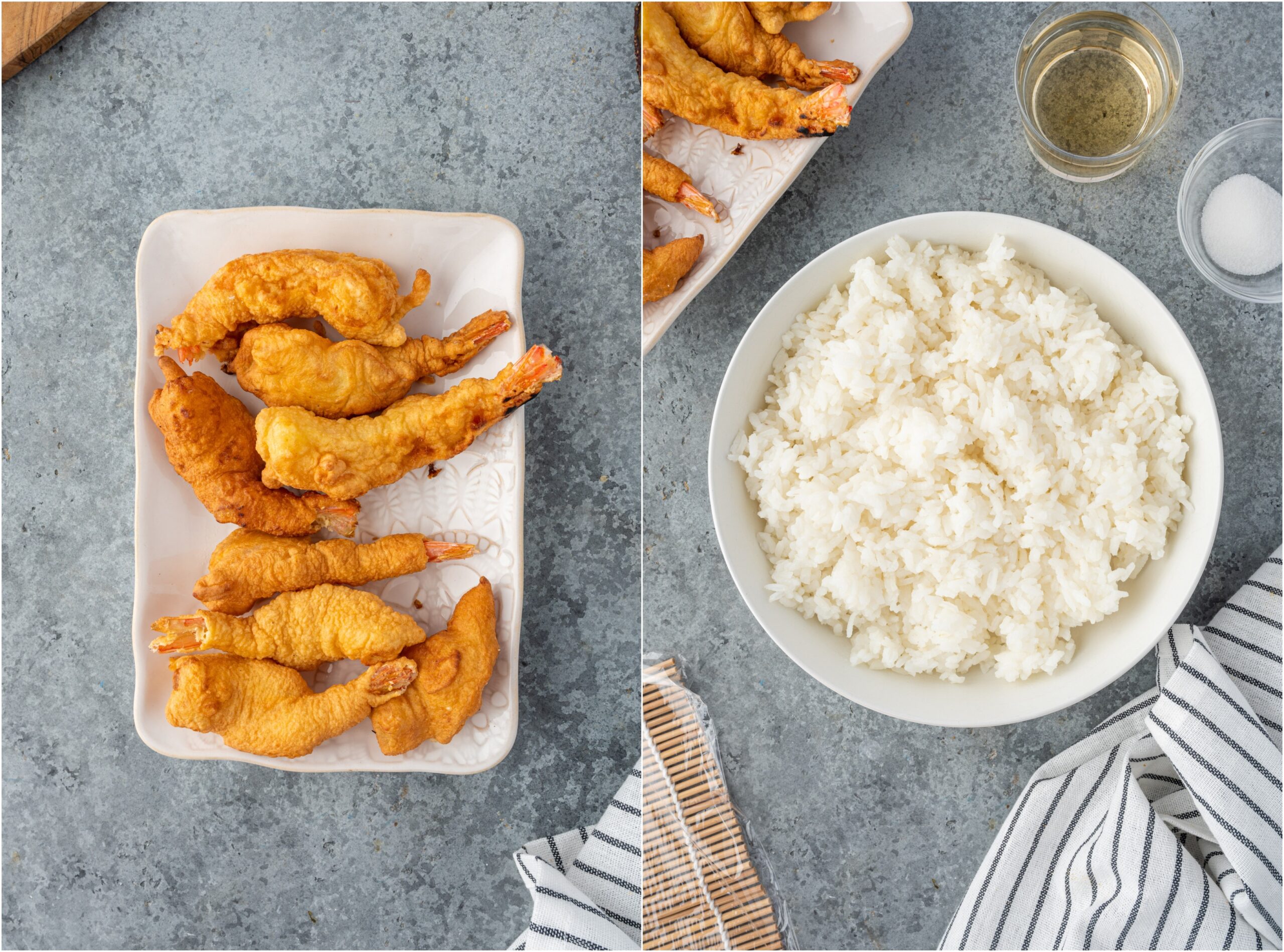 Fried shrimp on a plate and white rice in a bowl.