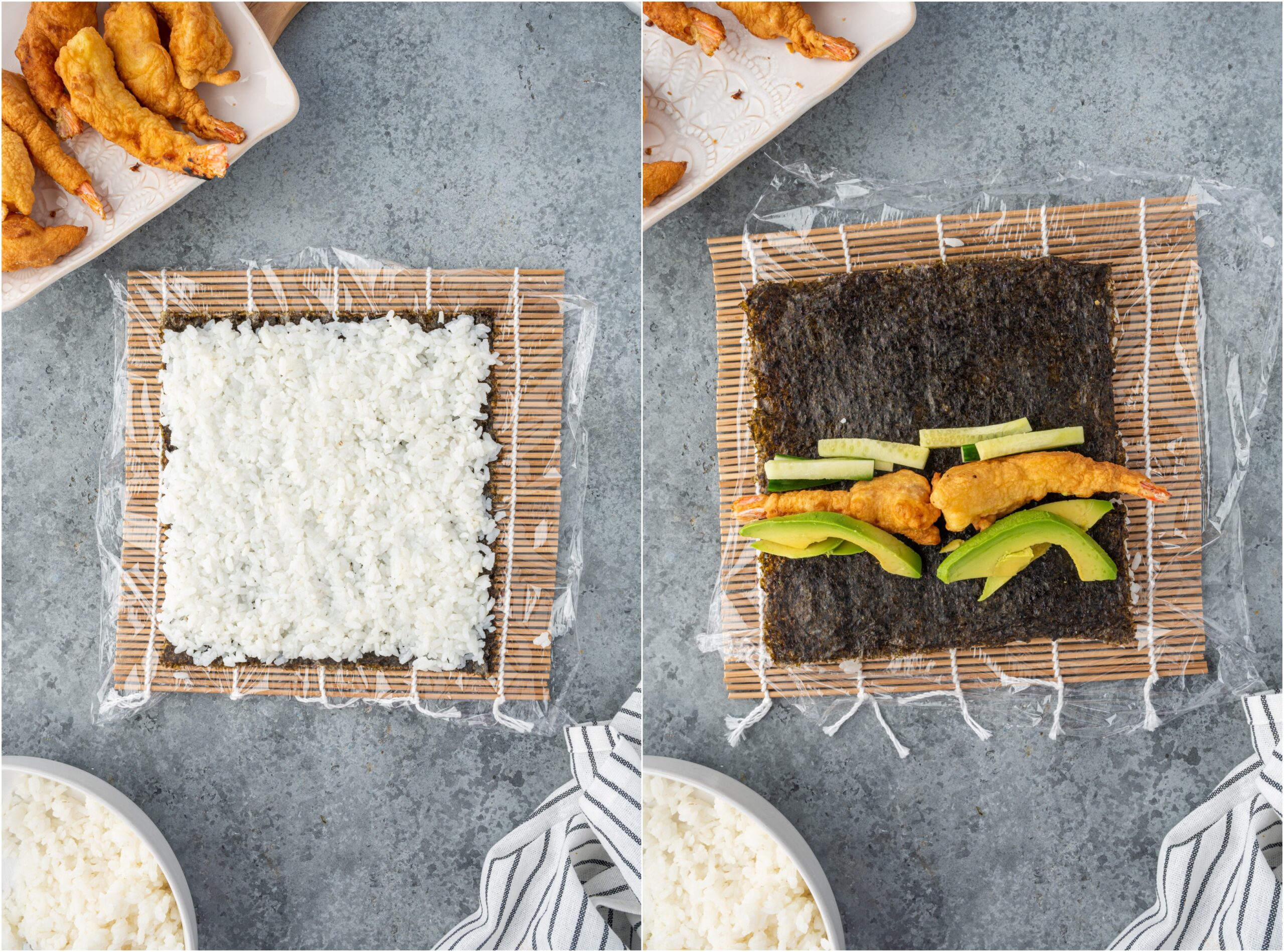 Assembling sushi rolls with fried shrimp, avocado and cucumber.