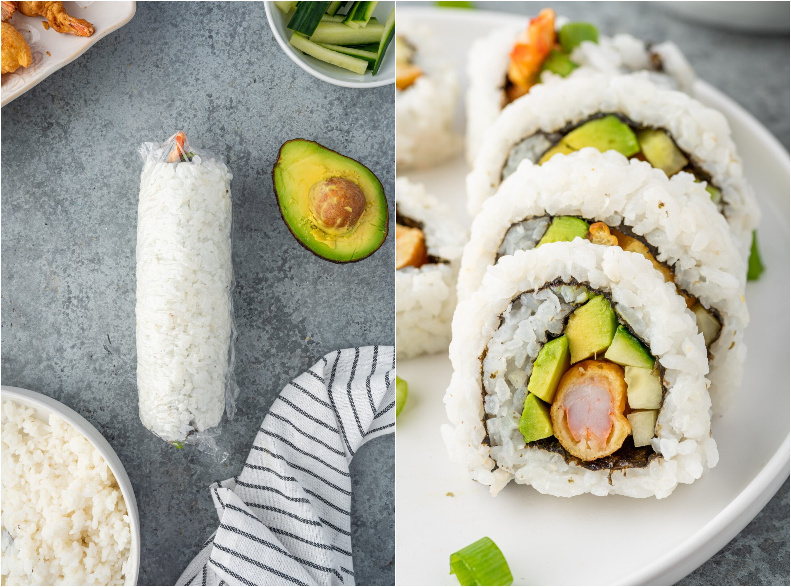 Sushi rolled up in plastic wrap and then sliced on a plate.