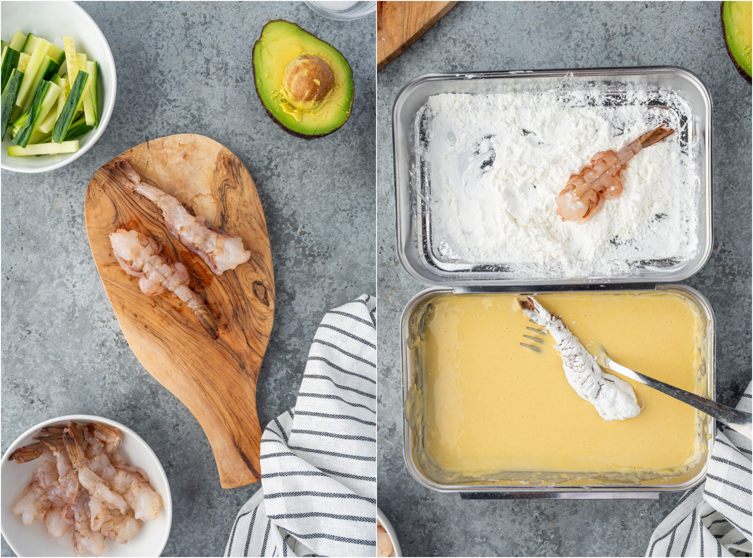 Dredging shrimp in cornstarch and egg mixture.